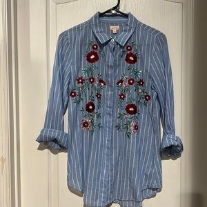 Pixley Blue Striped Flower Embroided long sleeve blouse. Button up.